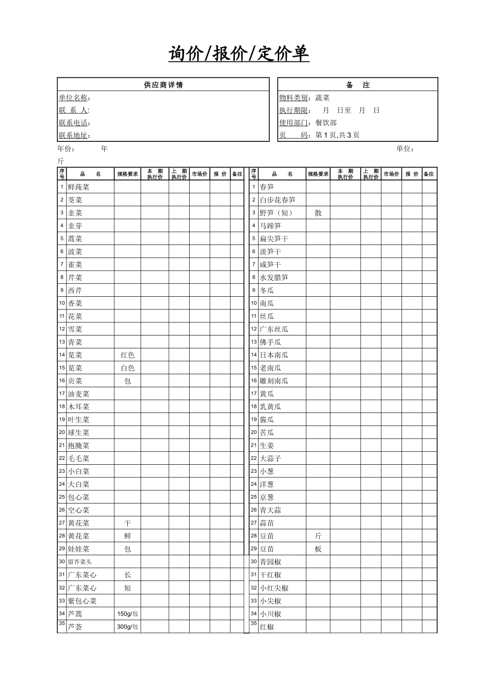 餐饮采购报价单1-蔬菜类_第1页