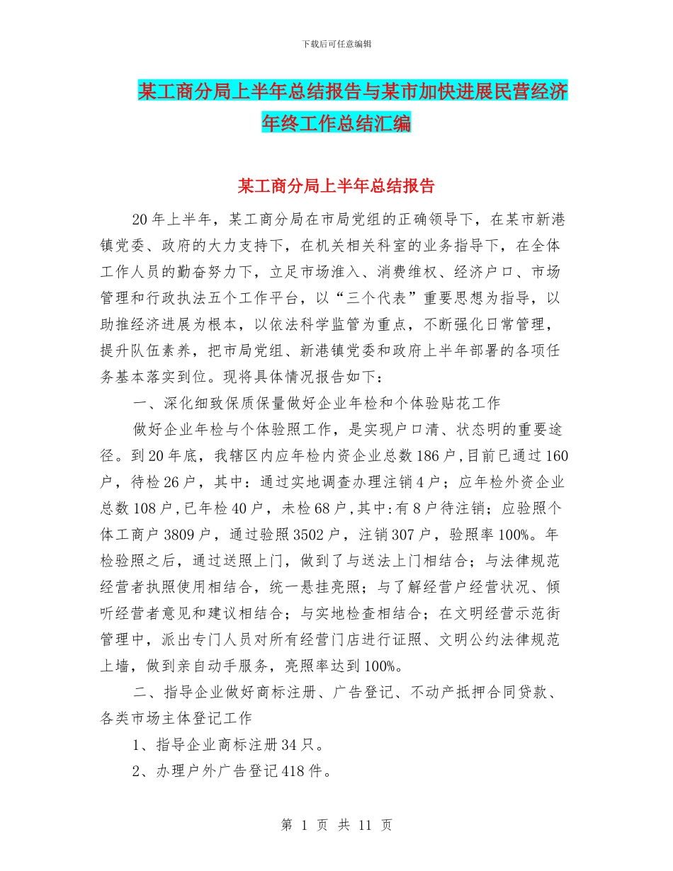 某工商分局上半年总结报告与某市加快发展民营经济年终工作总结汇编_第1页