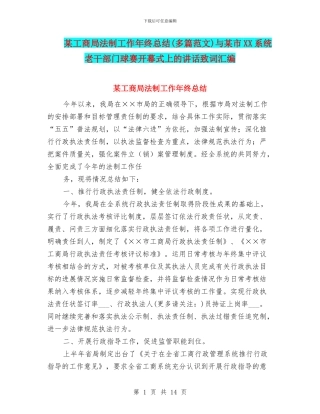 某工商局法制工作年终总结与某市XX系统老干部门球赛开幕式上的讲话致词汇编
