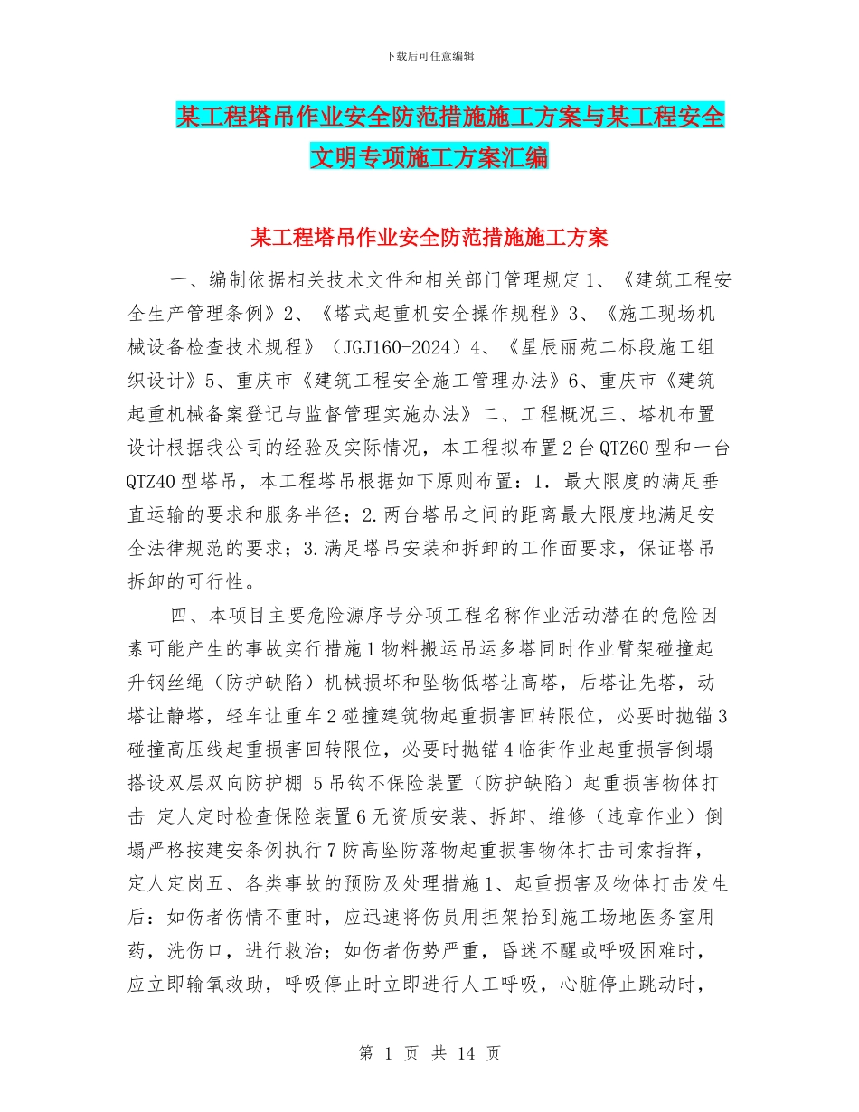 某工程塔吊作业安全防范措施施工方案与某工程安全文明专项施工方案汇编_第1页