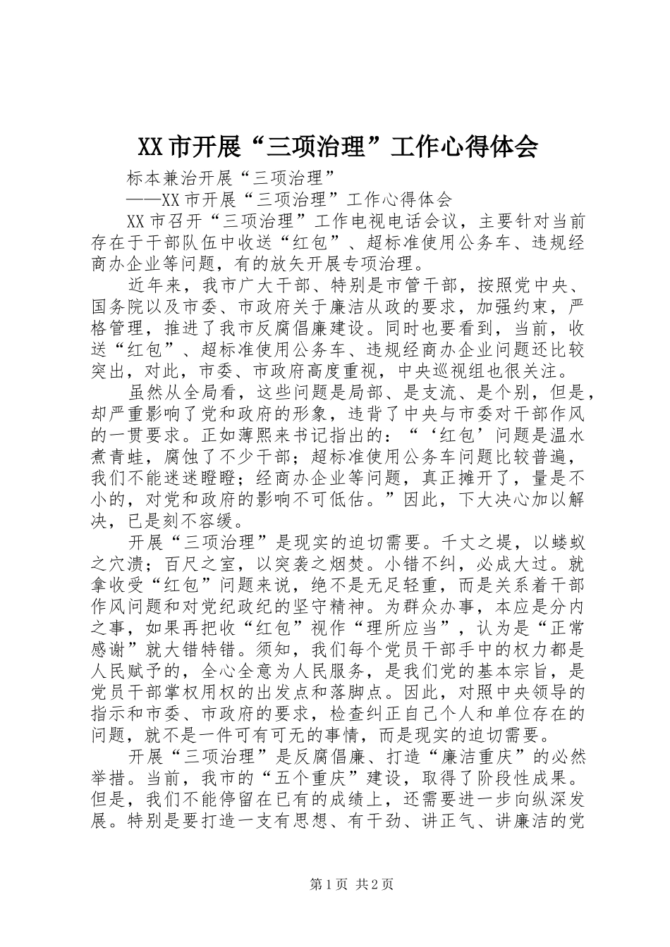 XX市开展“三项治理”工作心得体会_第1页