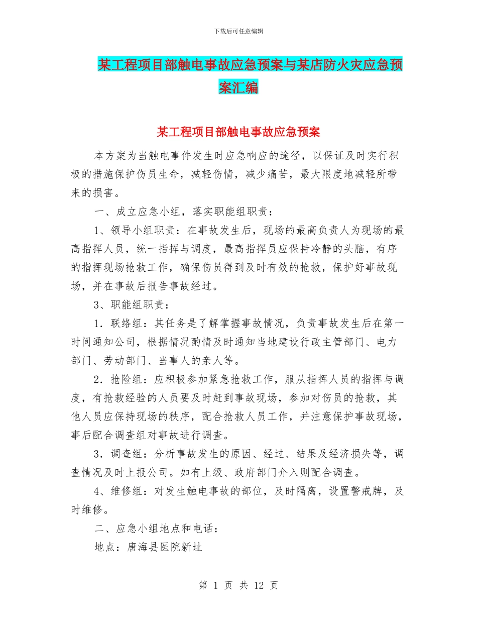 某工程项目部触电事故应急预案与某店防火灾应急预案汇编_第1页