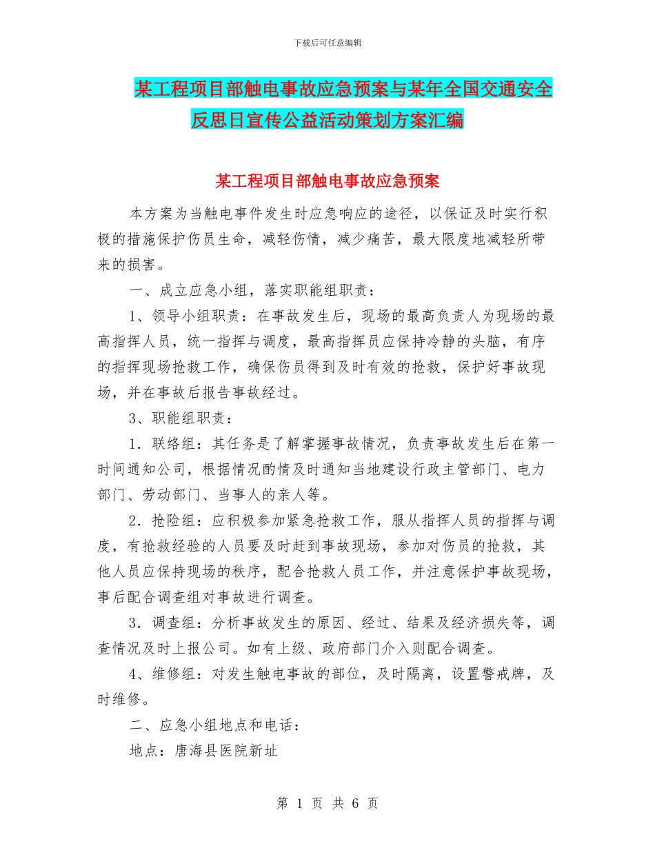 某工程项目部触电事故应急预案与某年全国交通安全反思日宣传公益活动策划方案汇编_第1页