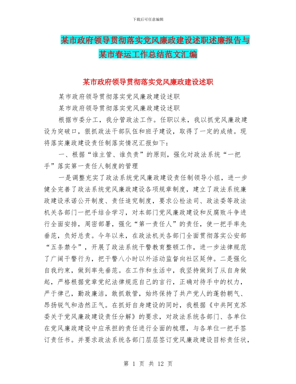 某市政府领导贯彻落实党风廉政建设述职述廉报告与某市春运工作总结范文汇编_第1页