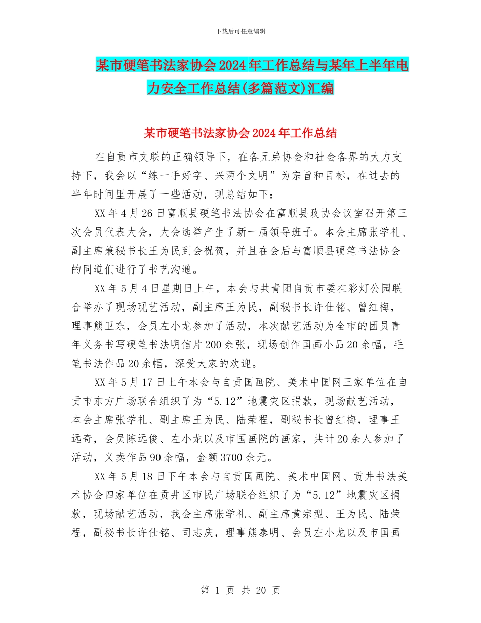 某市硬笔书法家协会2024年工作总结与某年上半年电力安全工作总结汇编_第1页