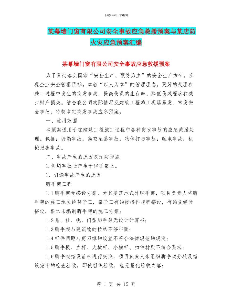 某幕墙门窗有限公司安全事故应急救援预案与某店防火灾应急预案汇编_第1页