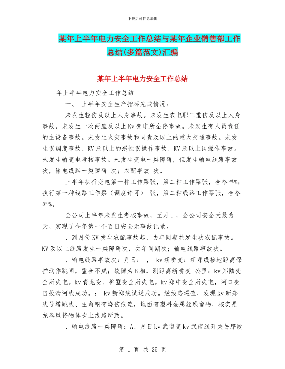 某年上半年电力安全工作总结与某年企业销售部工作总结汇编_第1页