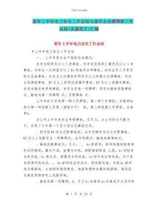 某年上半年电力安全工作总结与某年企业销售部工作总结汇编