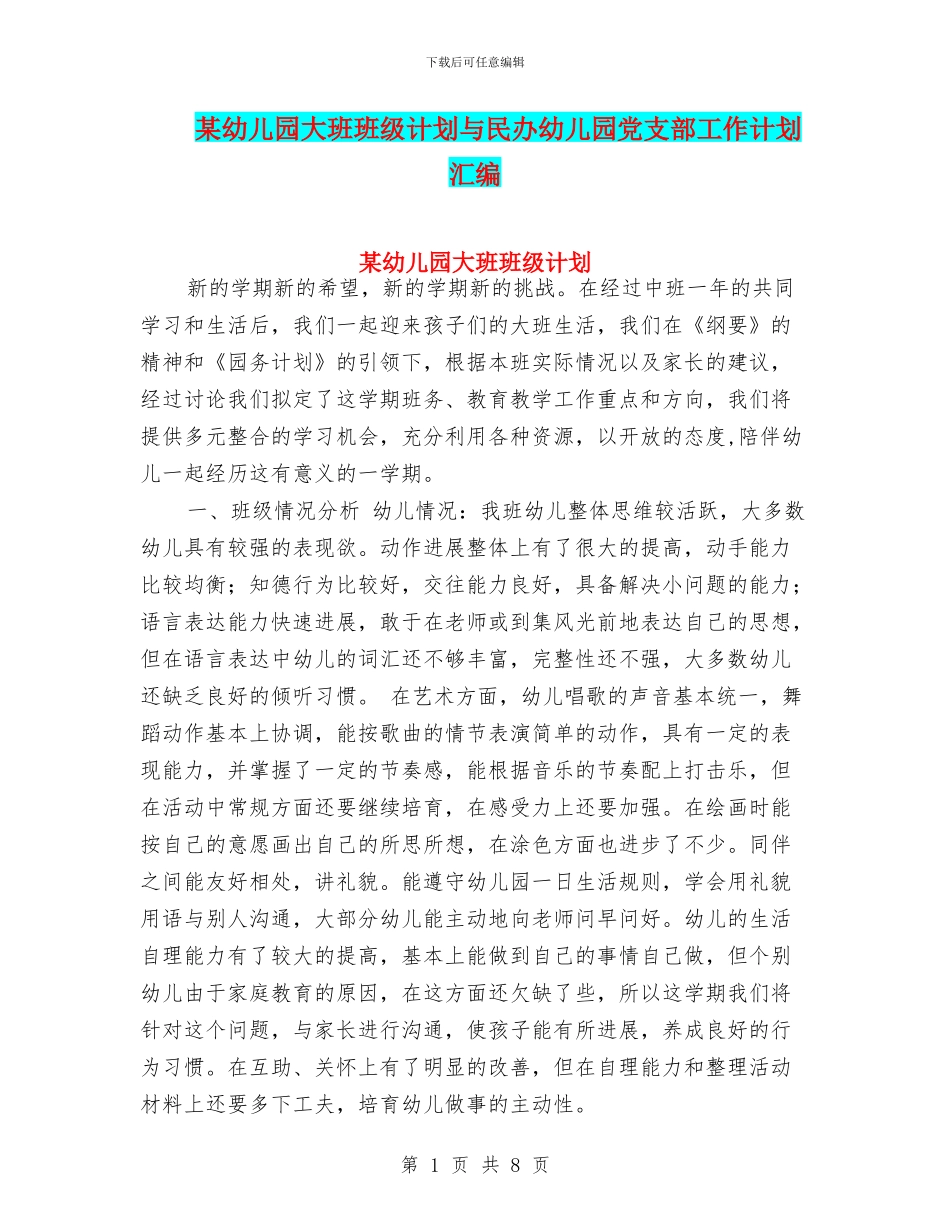 某幼儿园大班班级计划与民办幼儿园党支部工作计划汇编_第1页