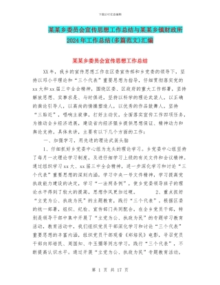 某某乡委员会宣传思想工作总结与某某乡镇财政所2024年工作总结汇编