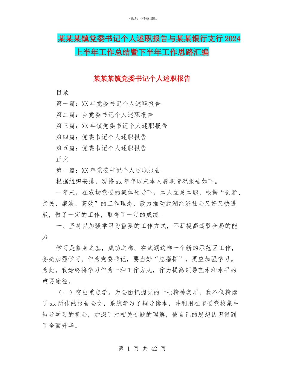 某某某镇党委书记个人述职报告与某某银行支行2024上半年工作总结暨下半年工作思路汇编_第1页