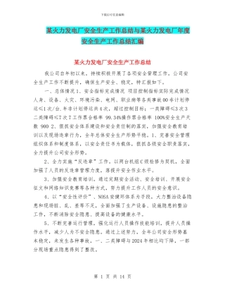 某火力发电厂安全生产工作总结与某火力发电厂年度安全生产工作总结汇编