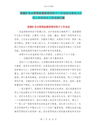 某煤矿安全管理监察部领导班子工作总结与某电力公司上半年安全工作总结汇编