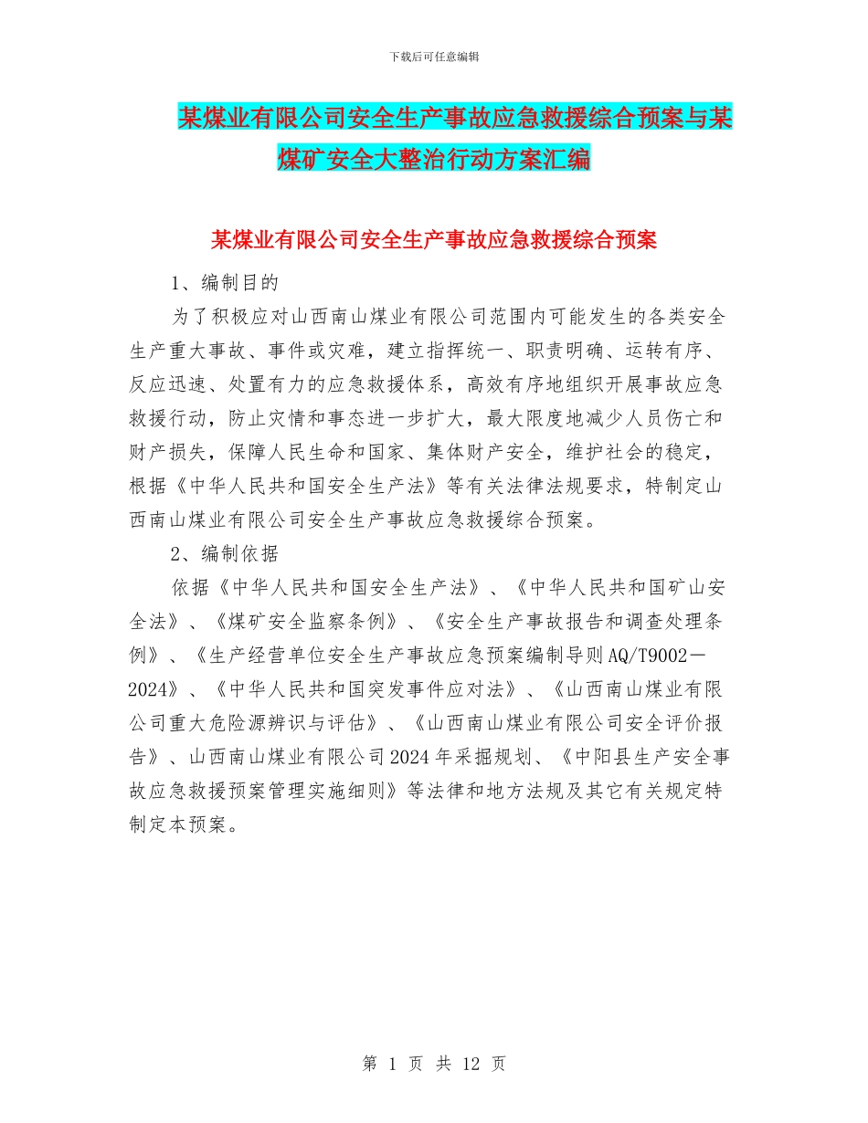 某煤业有限公司安全生产事故应急救援综合预案与某煤矿安全大整治行动方案汇编_第1页