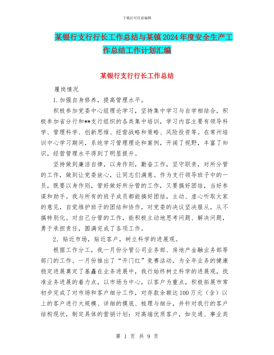 某银行支行行长工作总结与某镇2024年度安全生产工作总结工作计划汇编_第1页