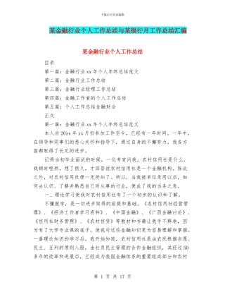 某金融行业个人工作总结与某银行月工作总结汇编
