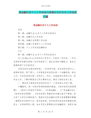 某金融行业个人工作总结与某银行支行行长工作总结汇编