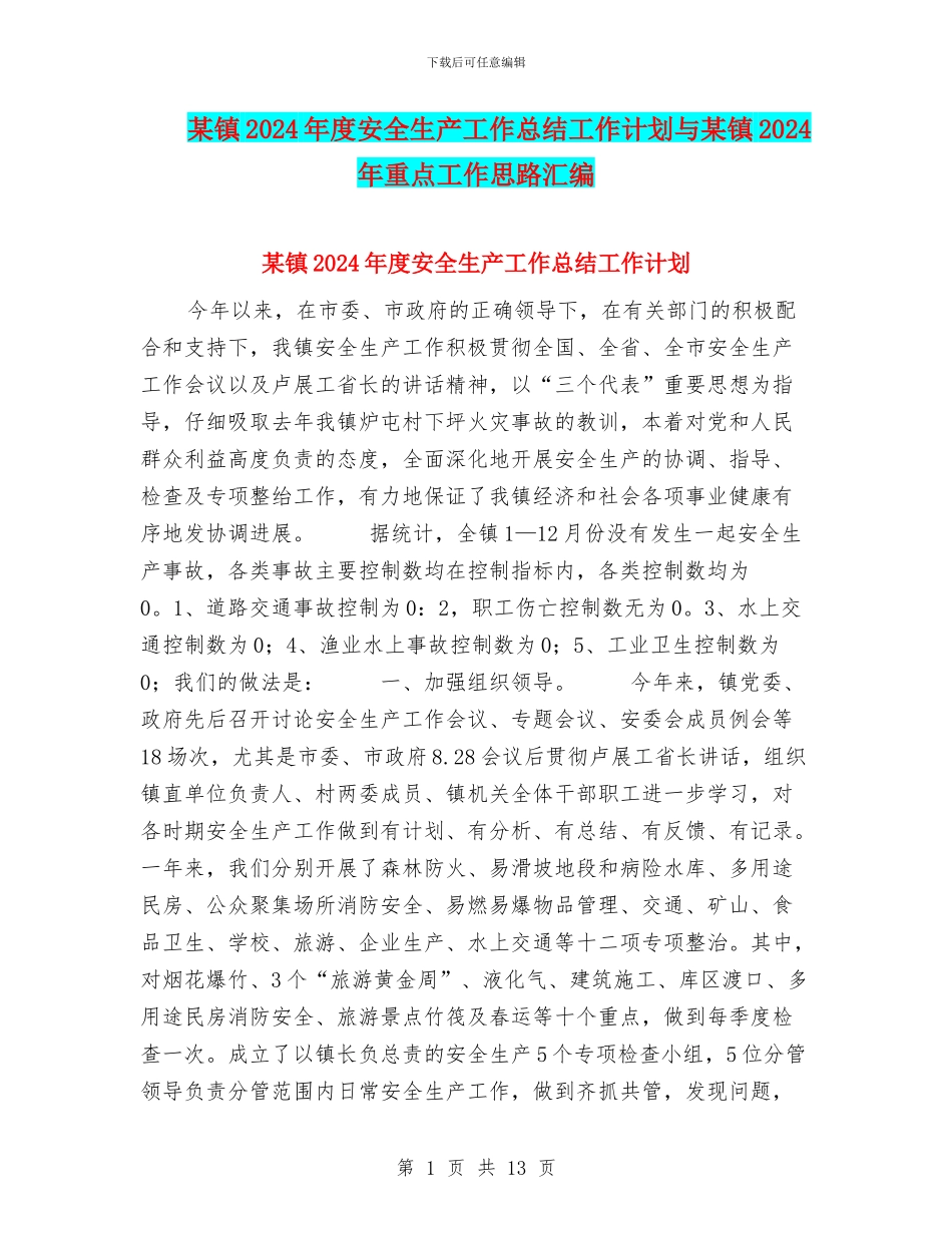 某镇2024年度安全生产工作总结工作计划与某镇2024年重点工作思路汇编_第1页