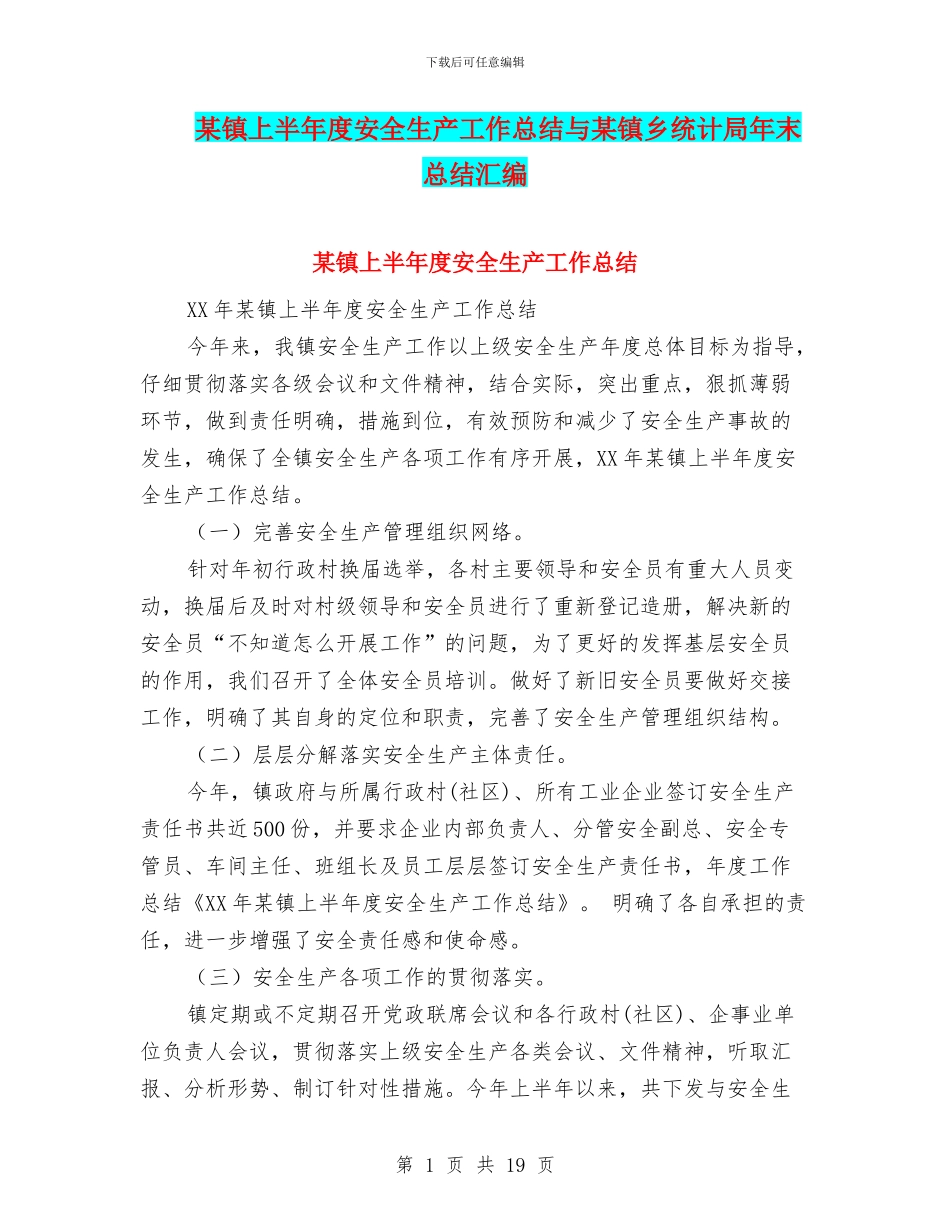 某镇上半年度安全生产工作总结与某镇乡统计局年末总结汇编_第1页