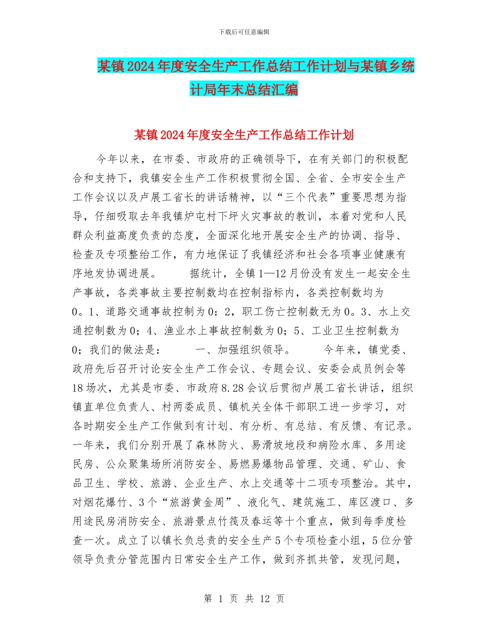 某镇2024年度安全生产工作总结工作计划与某镇乡统计局年末总结汇编_第1页