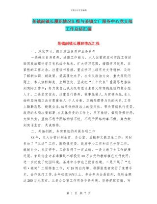 某镇副镇长履职情况汇报与某镇文广服务中心党支部工作总结汇编