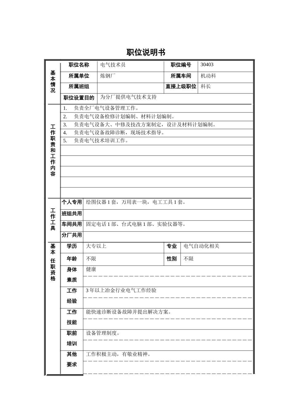 电气技术员职位说明书_第1页