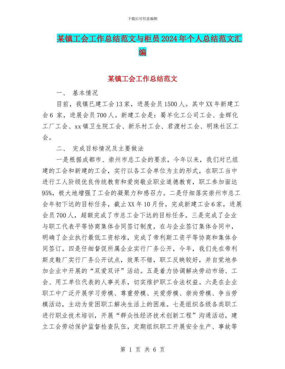 某镇工会工作总结范文与柜员2024年个人总结范文汇编_第1页