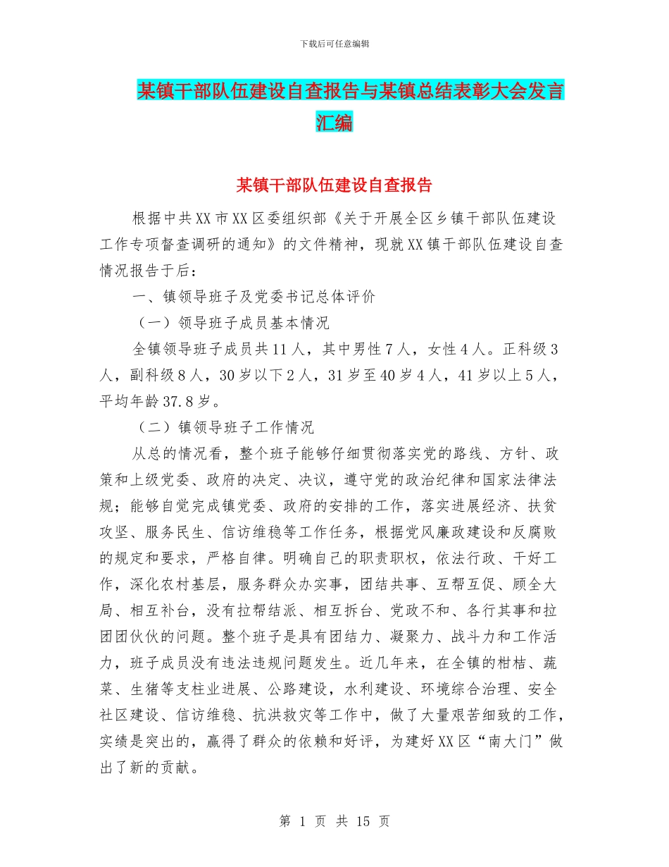 某镇干部队伍建设自查报告与某镇总结表彰大会发言汇编_第1页