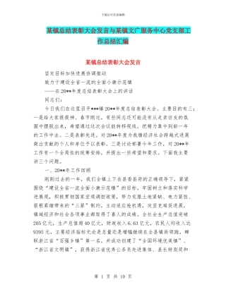 某镇总结表彰大会发言与某镇文广服务中心党支部工作总结汇编
