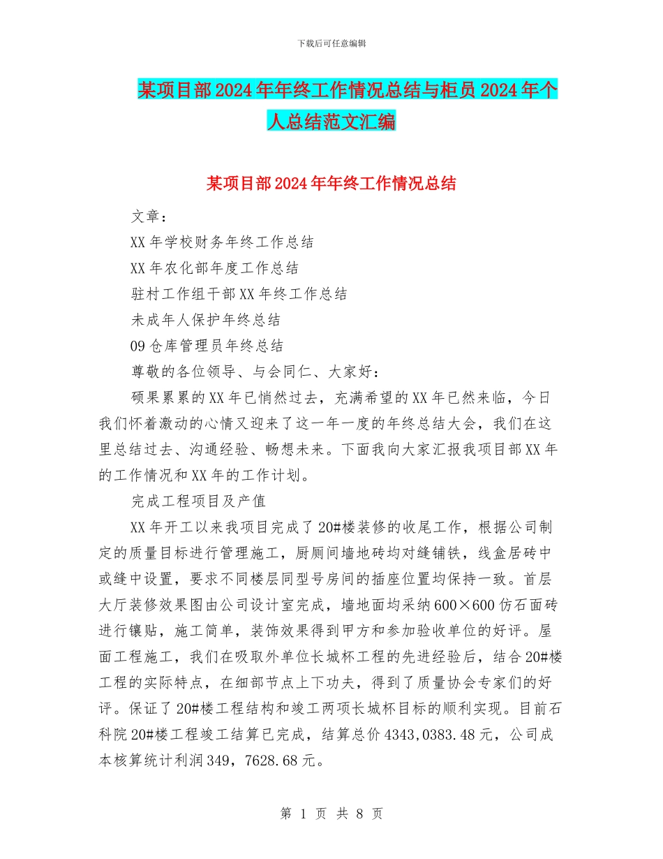 某项目部2024年年终工作情况总结与柜员2024年个人总结范文汇编_第1页