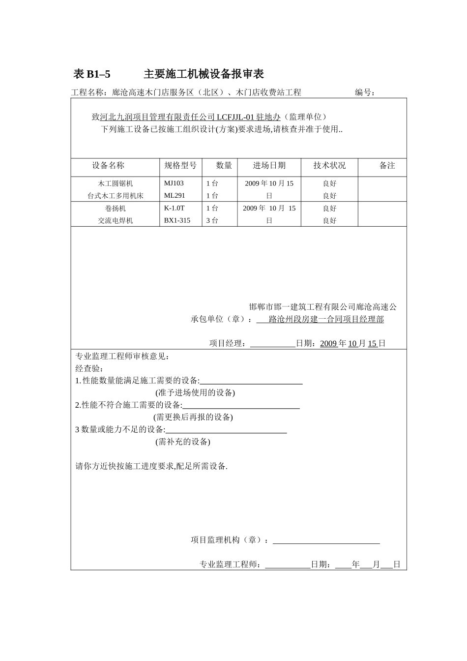 表B1–5 主要施工机械设备报审表_第1页