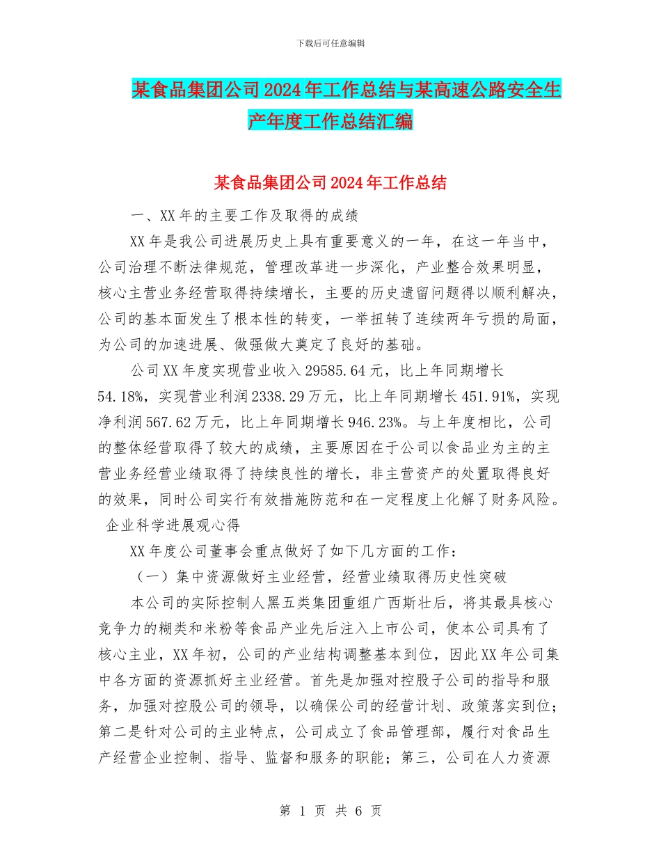 某食品集团公司2024年工作总结与某高速公路安全生产年度工作总结汇编_第1页