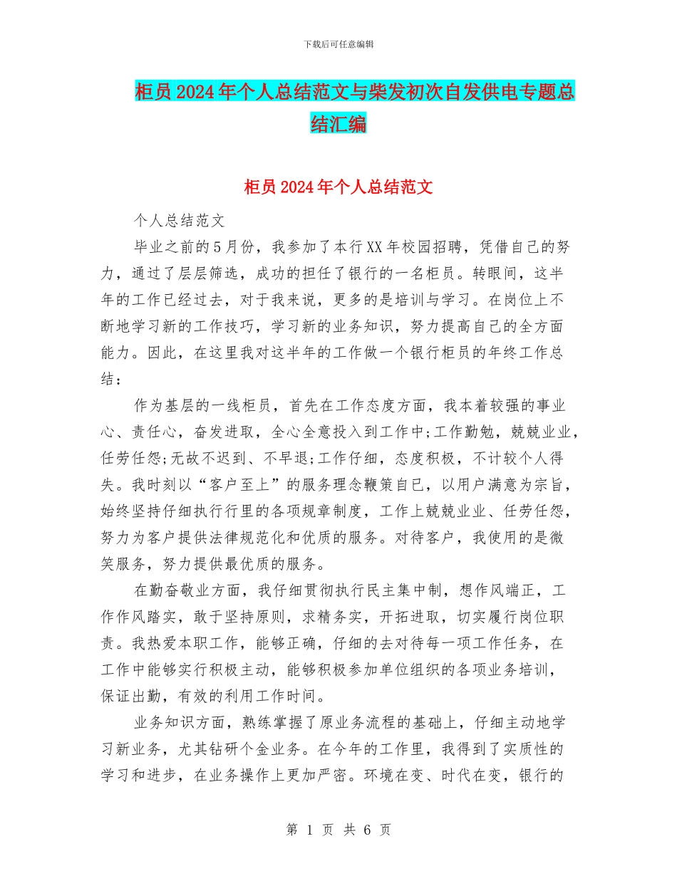 柜员2024年个人总结范文与柴发初次自发供电专题总结汇编_第1页