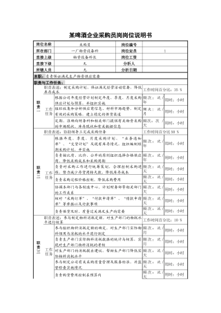 某啤酒企业采购员岗岗位说明书