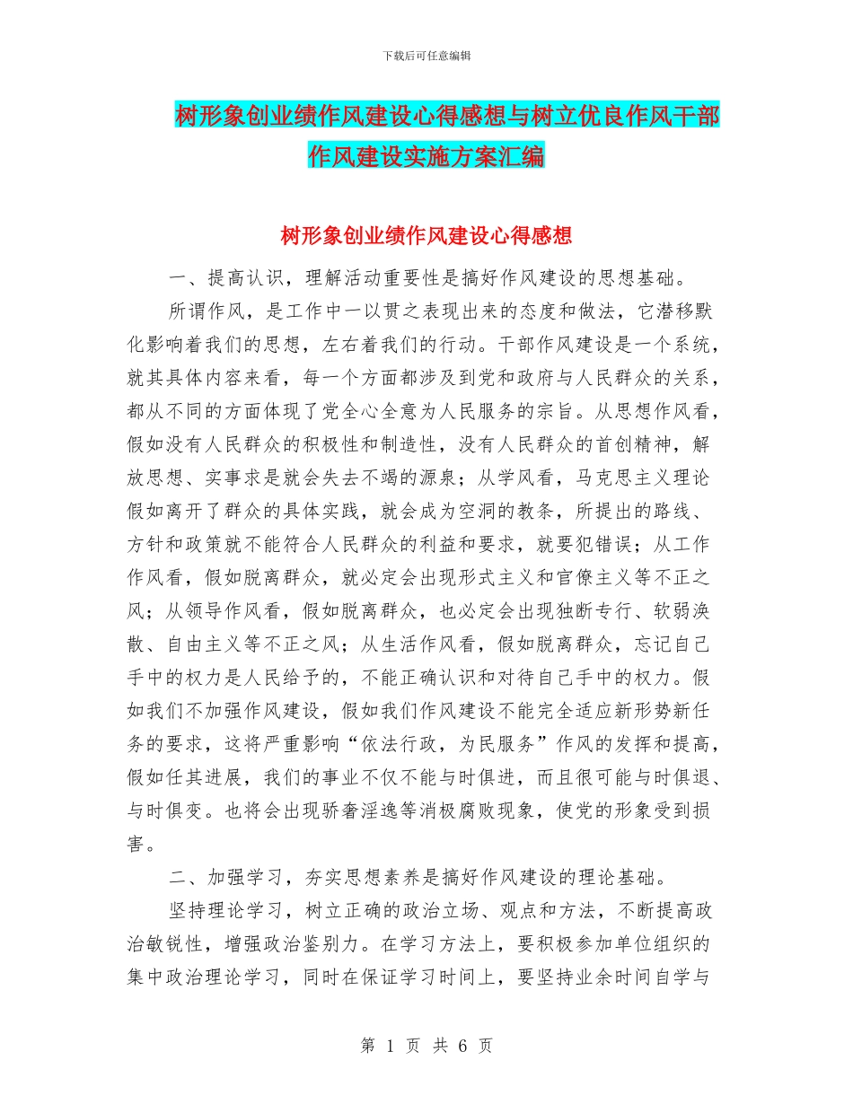树形象创业绩作风建设心得感想与树立优良作风干部作风建设实施方案汇编_第1页