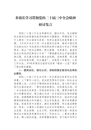 乡镇长学习贯彻党的二十届三中全会精神研讨发言