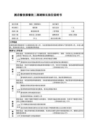 酒店餐饮部餐饮二部厨师长岗位说明书