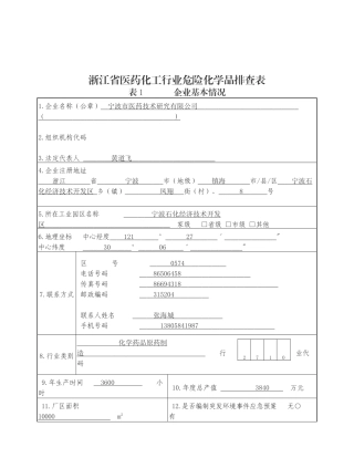 浙江省医药化工行业危险化学品排查表汇编
