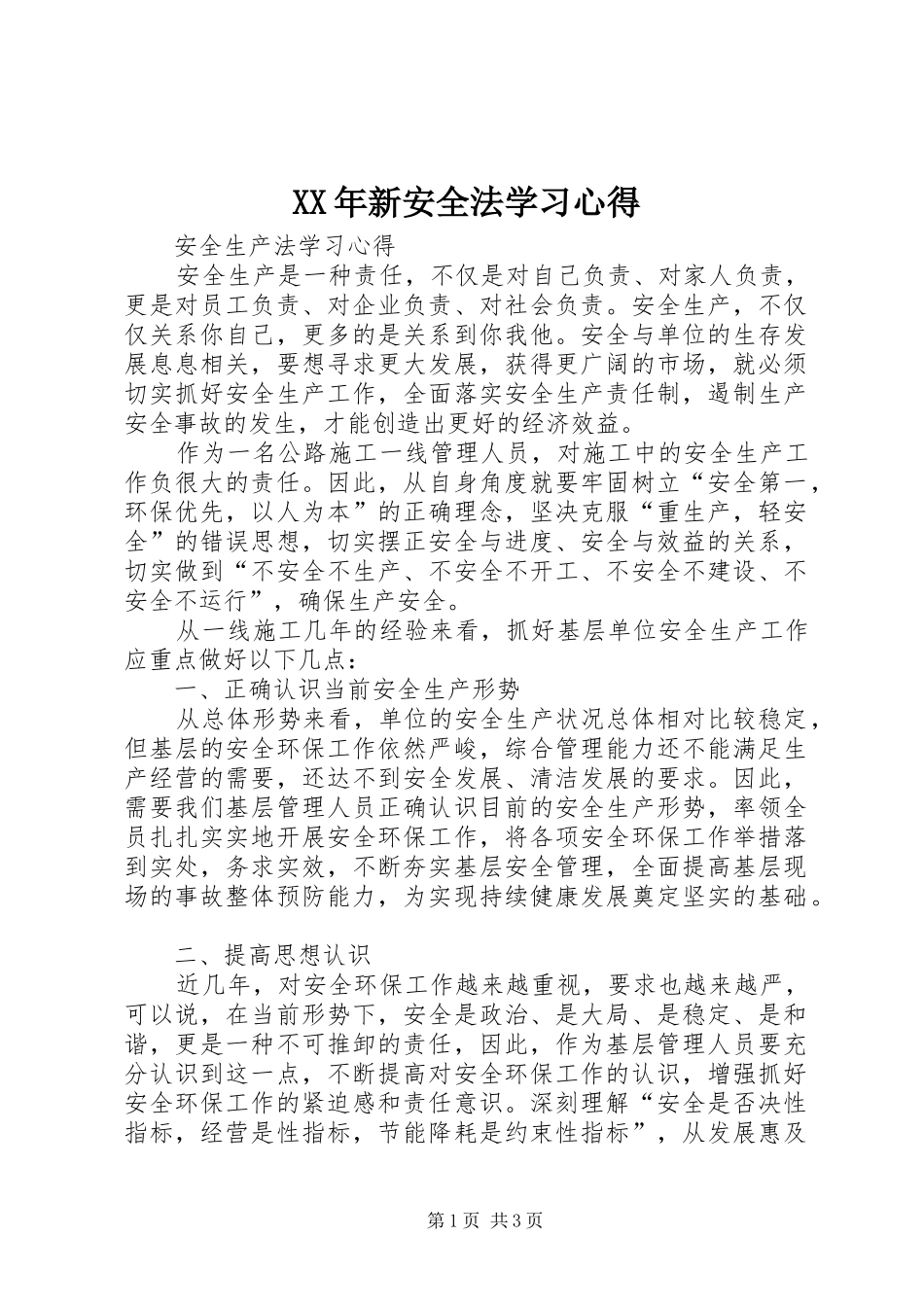 XX年新安全法学习心得_第1页