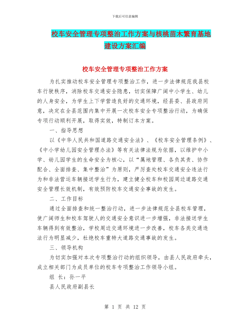 校车安全管理专项整治工作方案与核桃苗木繁育基地建设方案汇编_第1页