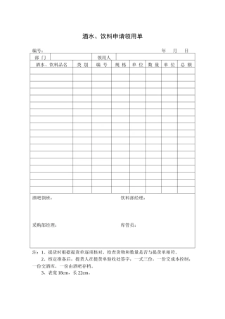 酒水、饮料申请领用单表格