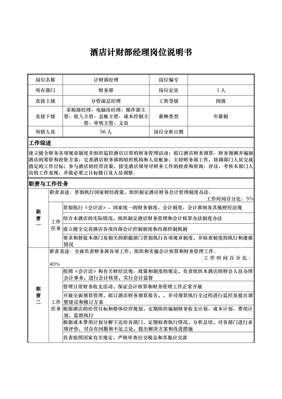 酒店计财部经理岗位说明书_第1页
