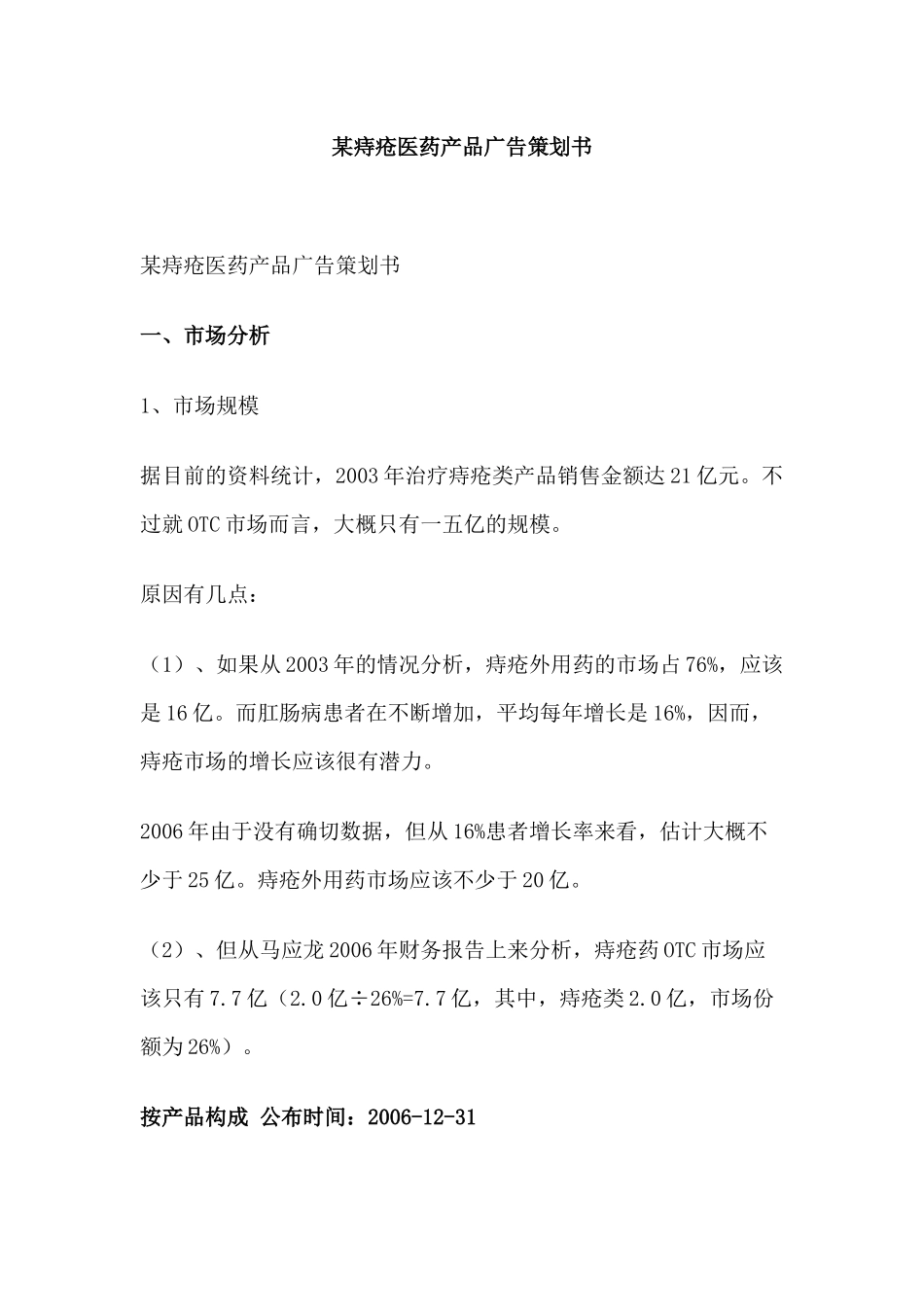 某痔疮医药产品广告策划书_第1页