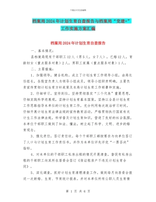 档案局2024年计划生育自查报告与档案局“党建+”工作实施方案汇编
