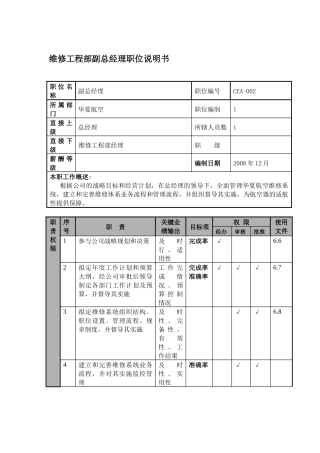 物流公司维修工程部副总经理职位说明书及关键绩效标准