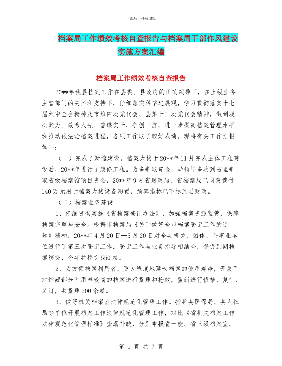 档案局工作绩效考核自查报告与档案局干部作风建设实施方案汇编_第1页