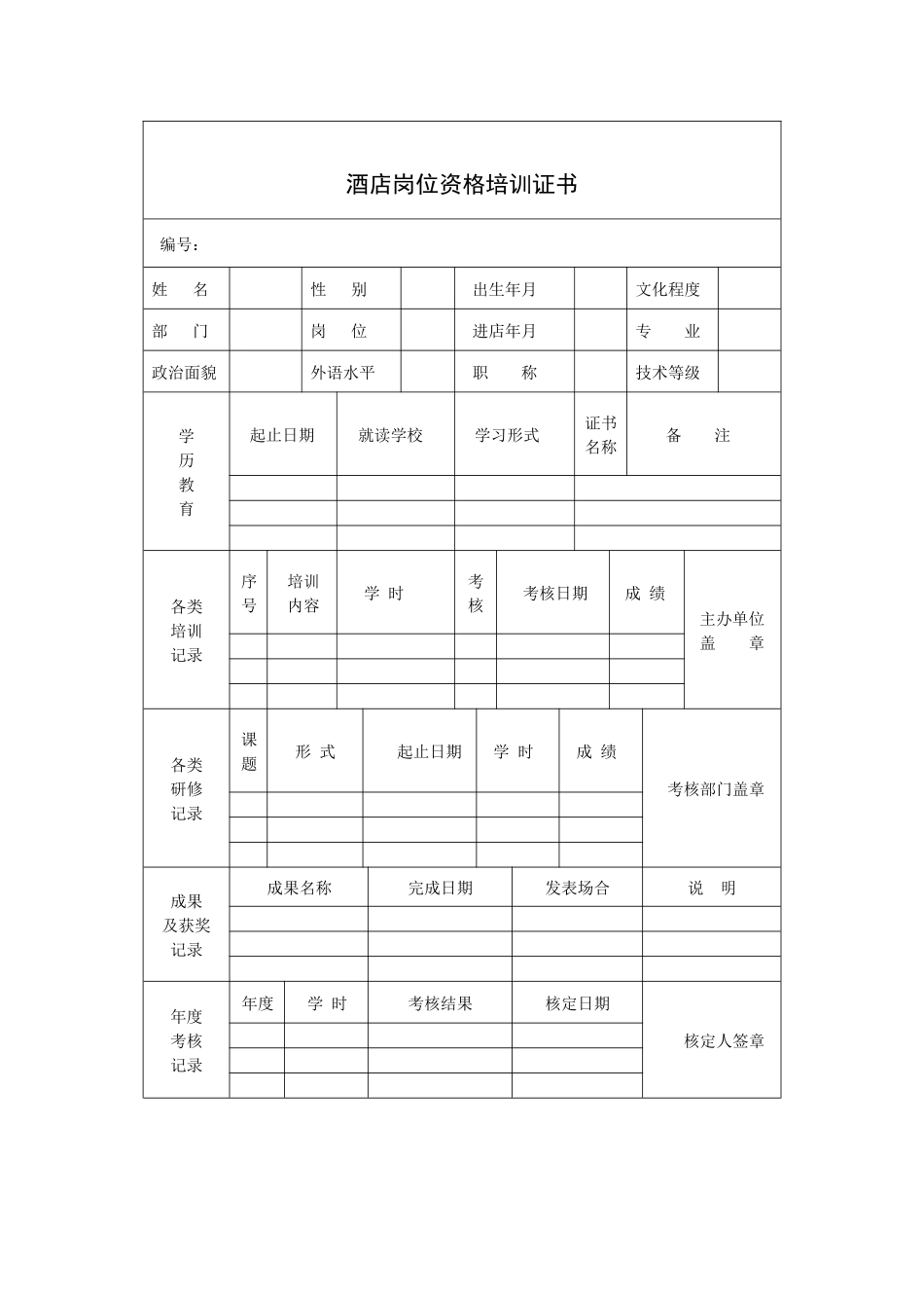 酒店岗位资格培训证书_第1页