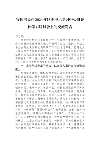 宣传部长在2024年区委理论学习中心组集体学习研讨会上的交流发言