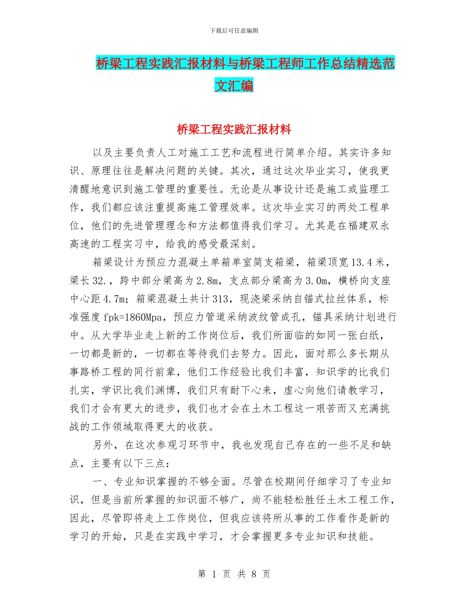 桥梁工程实践汇报材料与桥梁工程师工作总结精选范文汇编_第1页