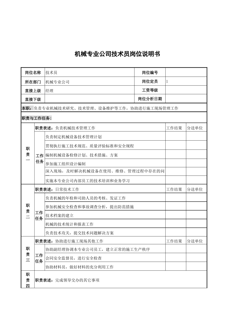 机械专业公司技术员岗位说明书_第1页